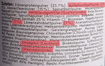 Nahaufnahme einer langen Zutatenliste auf einer Produktverpackung, bei der bestimmte Inhaltsstoffe wie Apfelfruchtsaftpulver, Verdickungsmittel, Emulgatoren sowie geringe Prozentangaben von einem Prozent farbig rot hervorgehoben sind.