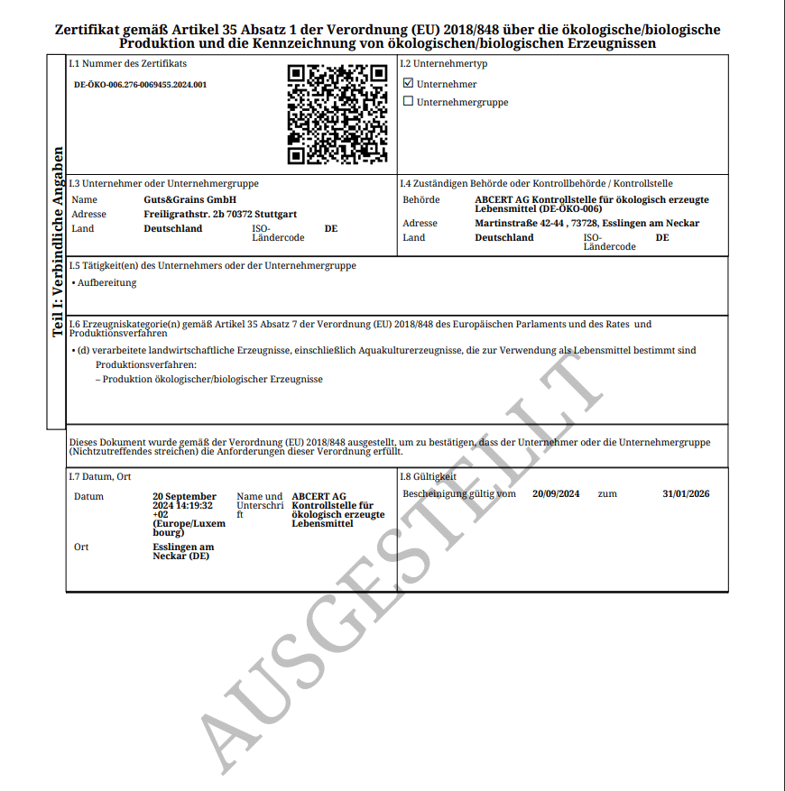 Nurisan ist 100% biozertifiziert mit der ÖKO-Kontrollnummer: DE-ÖKO-006. Damit darf es die offiziellen Kennzeichnungen, EU-Biosiegel und deutsches Biosiegel, tragen. Das darmoptimierte Bio-Superfood.