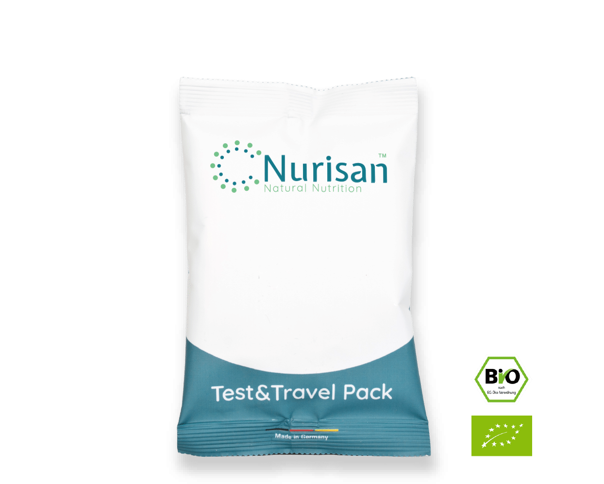 Vorderseite Produktbild Nurisan Test & Travel Pack 60g - darmoptimiertes Superfood mit EU Bio-Logo und deutschem Bio-Siegel