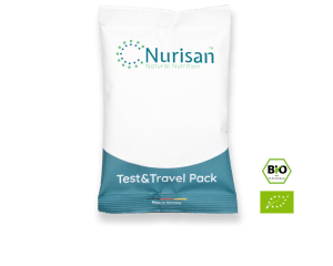 Vorderseite Produktbild Nurisan Test & Travel Pack 60g - darmoptimiertes Superfood mit EU Bio-Logo und deutschem Bio-Siegel