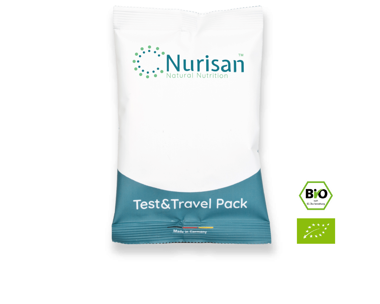Vorderseite Produktbild Nurisan Test & Travel Pack 60g - darmoptimiertes Superfood mit EU Bio-Logo und deutschem Bio-Siegel