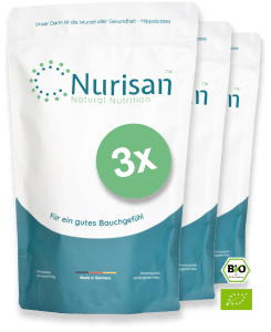 Vorderseite Produktbild Nurisan 3er Bundle Vorratspack 3 x 600g - perfekt für eine Darmsanierung - Superfood mit EU Bio-Logo und deutschem Bio-Siegel