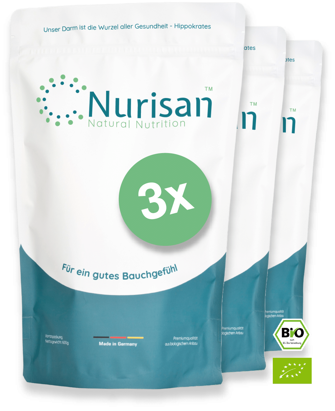 Vorderseite Produktbild Nurisan 3er Bundle Vorratspack 3 x 600g - perfekt für eine Darmsanierung - Superfood mit EU Bio-Logo und deutschem Bio-Siegel