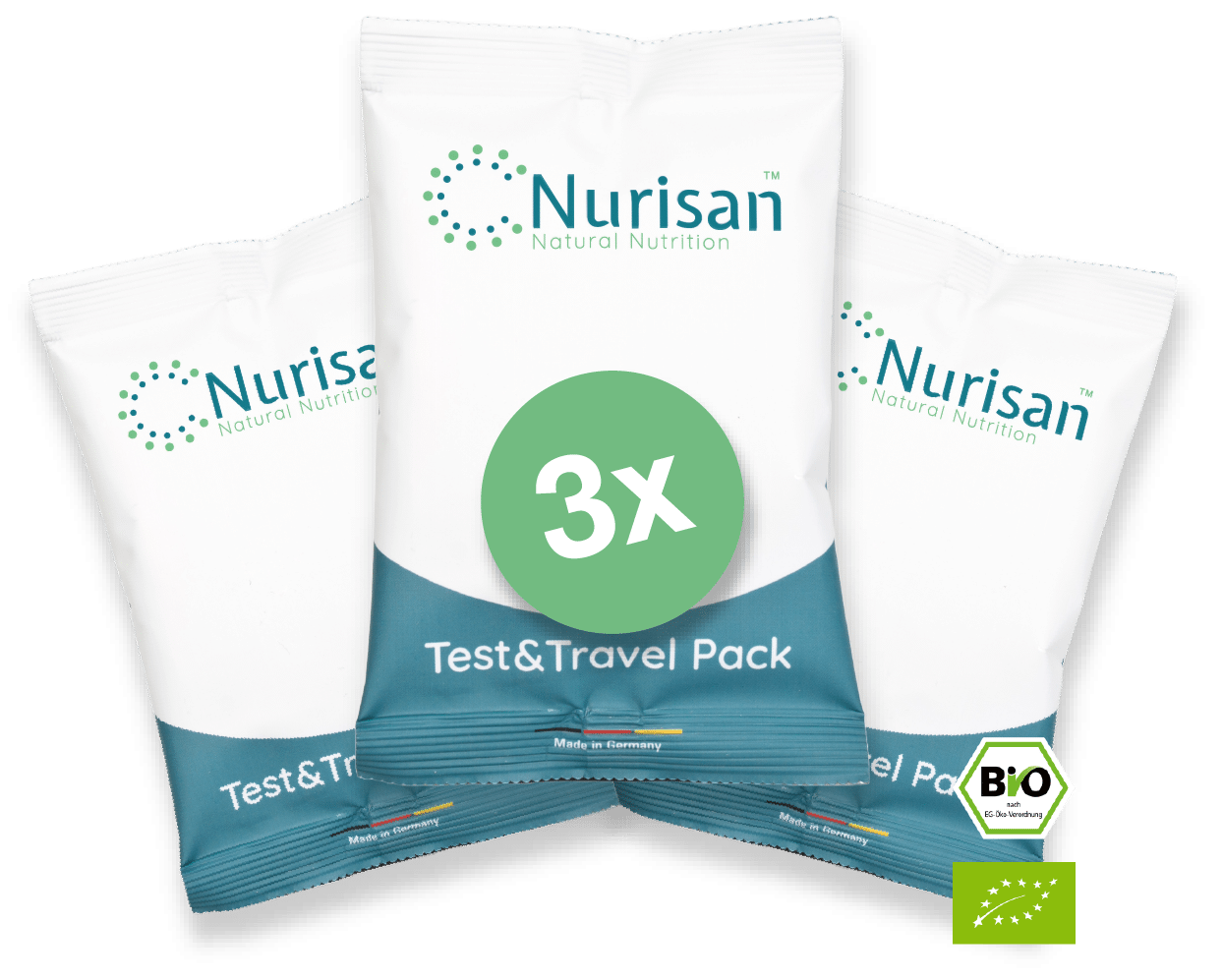 Vorderseite Produktbild Nurisan 3er Test & Travel Pack 3 x 60g - darmoptimiertes Superfood mit EU Bio-Logo und deutschem Bio-Siegel