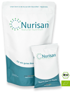 Vorderseite Produktbild Nurisan Duo Test & Travel Pack 60g mit Vorratspack 600g - darmoptimiertes Superfood mit EU Bio-Logo und deutschem Bio-Siegel