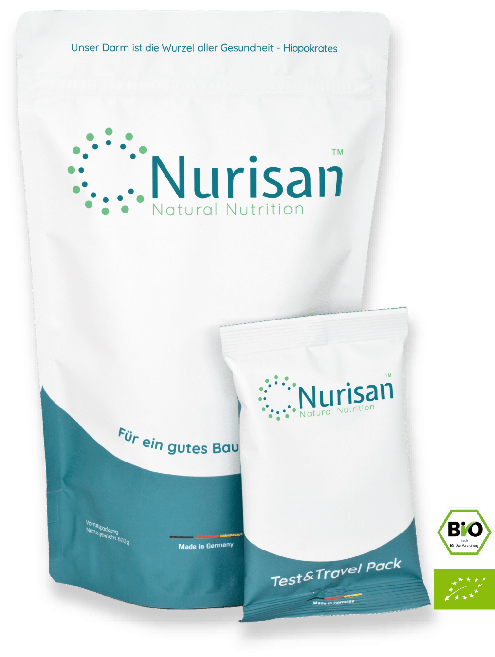Vorderseite Produktbild Nurisan Duo Test & Travel Pack 60g mit Vorratspack 600g - darmoptimiertes Superfood mit EU Bio-Logo und deutschem Bio-Siegel