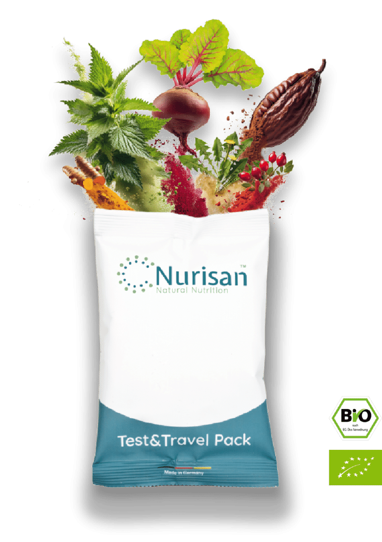 Nurisan Test & Travel Pack 60g, aus der frische Gemüsezutaten förmlich explodieren. 14 natürliche Zutaten im darmoptimierten Superfood mit Biozertifizierung