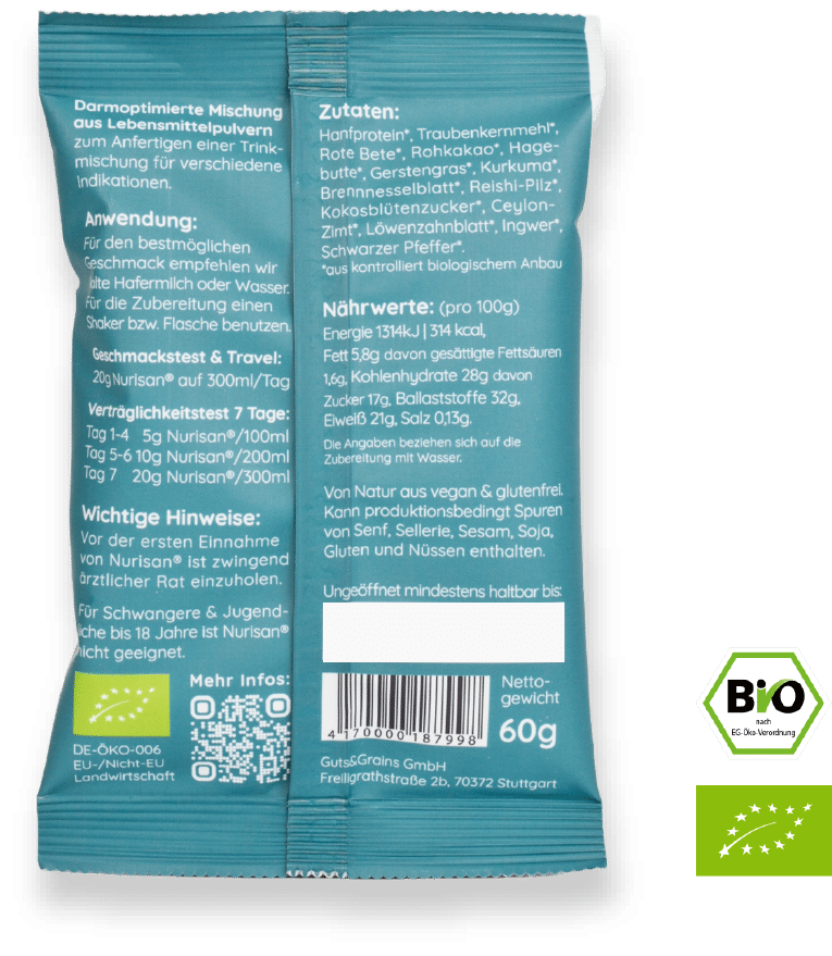 Rückseite Produktbild Nurisan Test & Travel Pack 60g - darmoptimiertes Superfood mit EU Bio-Logo und deutschem Bio-Siegel