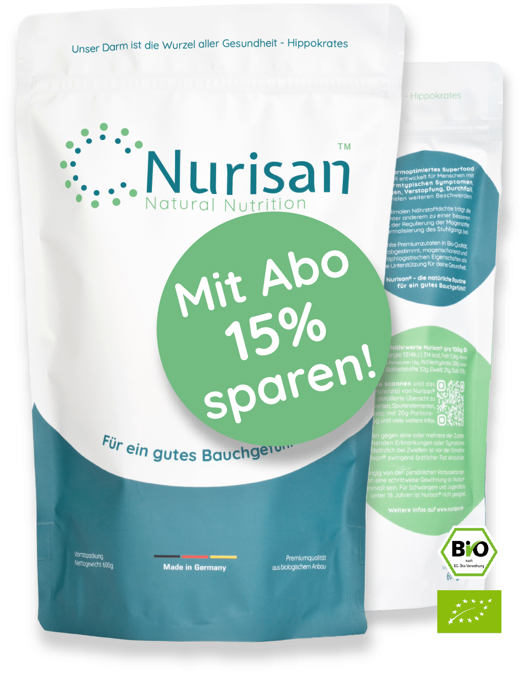 Vorderseite Produktbild Nurisan Vorratspack 600g im Abo 15% sparen - darmoptimiertes Superfood mit EU Bio-Logo und deutschem Bio-Siegel