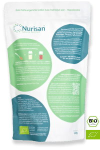 Rückseite Produktbild Nurisan Vorratspack 600g - darmoptimiertes Superfood mit EU Bio-Logo und deutschem Bio-Siegel