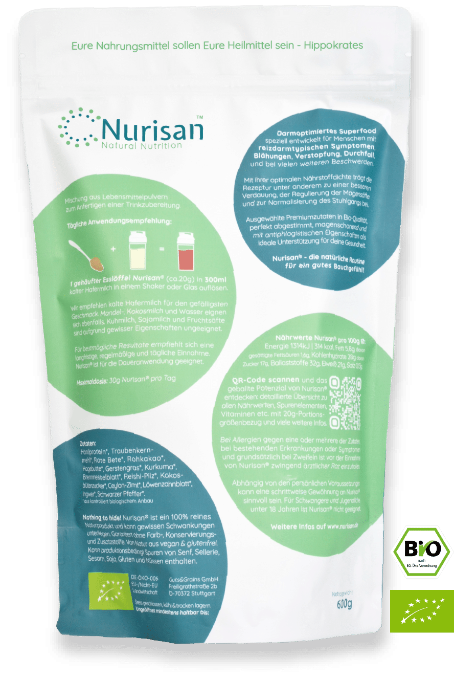 Rückseite Produktbild Nurisan Vorratspack 600g - darmoptimiertes Superfood mit EU Bio-Logo und deutschem Bio-Siegel