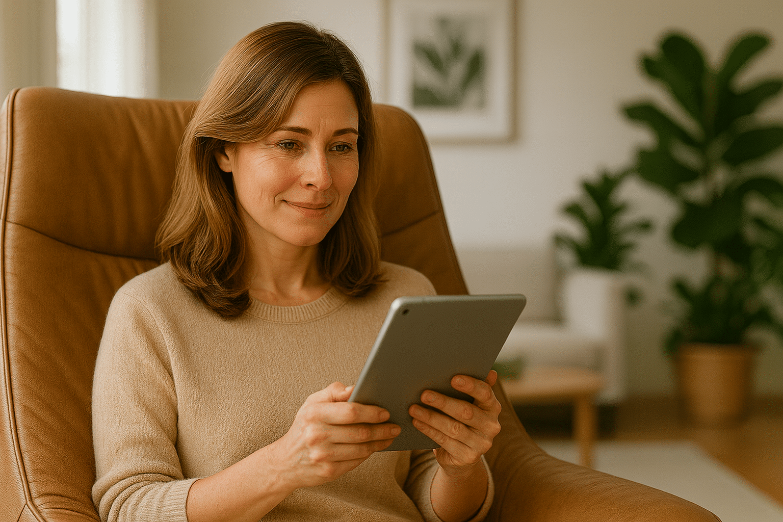 eine Frau liest entspannt und befreit von Verdauungsbeschwerden und Bauchschmerzen das Nurisan eBook Anleitung zur Darmsanierung