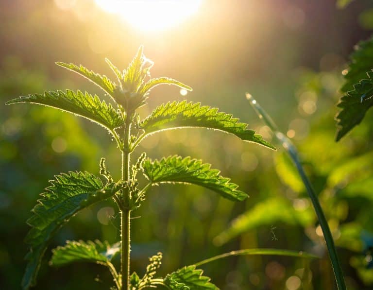 Junge Brennnessel-Pflanze im warmen Sonnenlicht als heimische Zutat für eine abwechslungsreiche Ernährung.