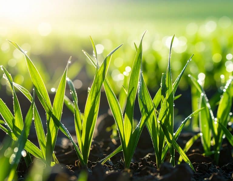 Nahaufnahme von hellgrünen Grassprossen, die frisch aus der dunklen Erde wachsen, mit verschwommenem Feld und hellem Sonnenlicht im Hintergrund.