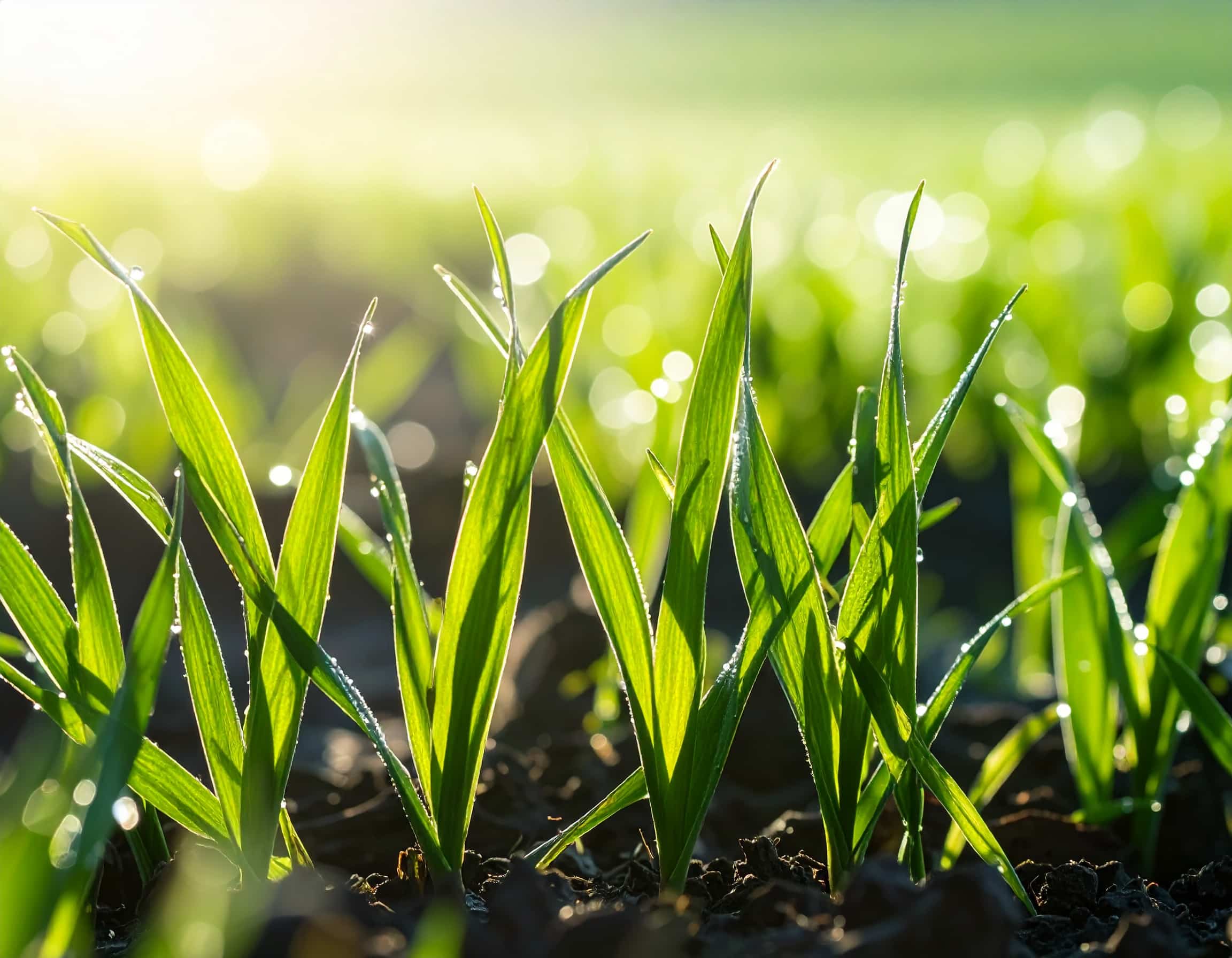 Nahaufnahme von hellgrünen Grassprossen, die frisch aus der dunklen Erde wachsen, mit verschwommenem Feld und hellem Sonnenlicht im Hintergrund.