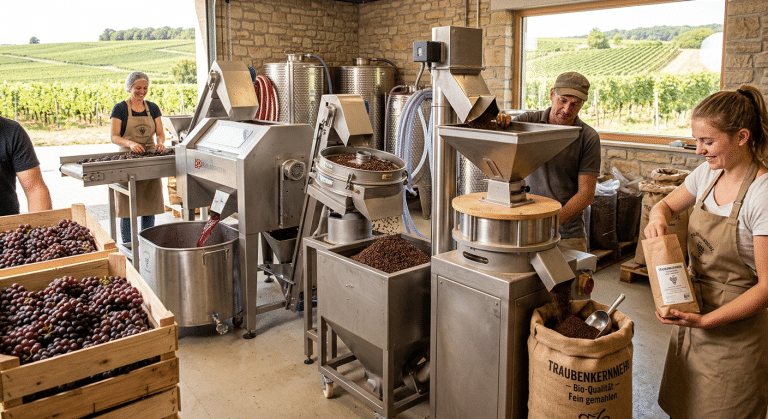 Traubenkernmehl wird durch Trocknen, Entölen (Kaltpressung) und anschließendes Feinvermahlen von Weintraubenkernen gewonnen. Die Kerne stammen in der Regel aus dem Trester, dem Pressrückstand der Weinherstellung. Das Mehl ist ein Nebenprodukt der Traubenkernöl-Gewinnung: Der entölte „Presskuchen“ wird zu feinem, nährstoffreichem Mehl verarbeitet.