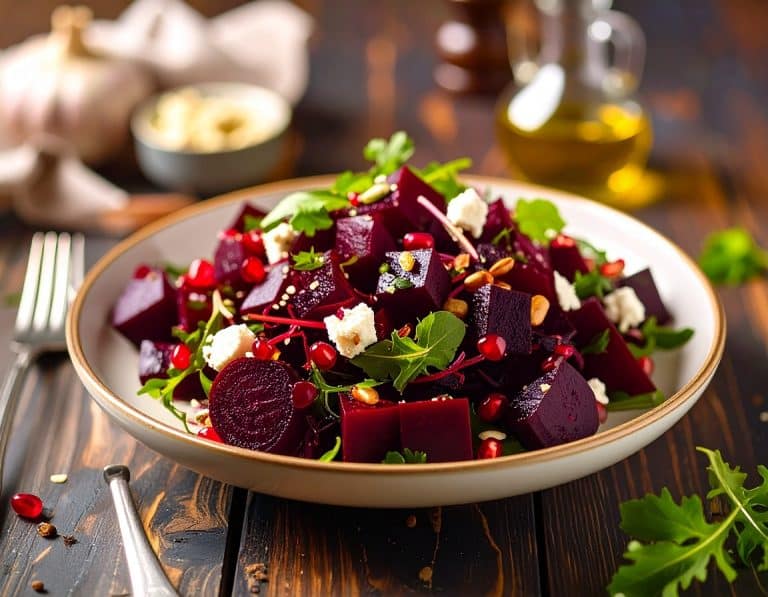 Rote-Bete-Salat bietet vielfältige gesundheitliche Vorteile. Er unterstützt die Herzgesundheit und senkt den Blutdruck, da Nitrat im Körper zu Stickstoffmonoxid umgewandelt wird, welches die Blutgefäße erweitert. Zudem steigert Rote Bete die sportliche Leistungsfähigkeit und Ausdauer, wirkt entzündungshemmend und fördert dank des Farbstoffs Betanin und Antioxidantien die Lebergesundheit. Aufgrund ihres hohen Gehalts an Ballaststoffen, Vitaminen (wie C und B), Folsäure und Mineralstoffen trägt sie auch zur Verdauung und zu einem starken Immunsystem bei.