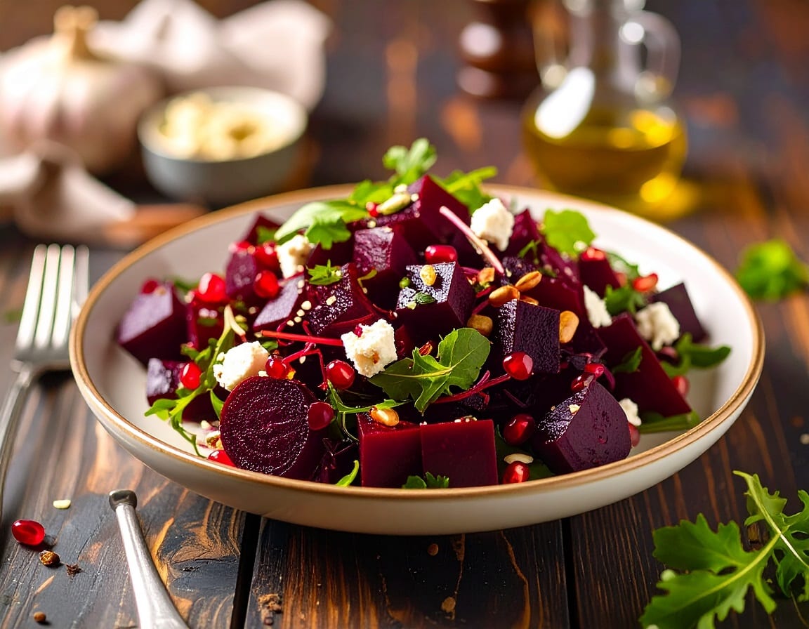 Bunter Rote-Bete-Salat mit Feta, Granatapfelkernen und frischen Kräutern als gesundes Rezept für eine abwechslungsreiche Ernährung.