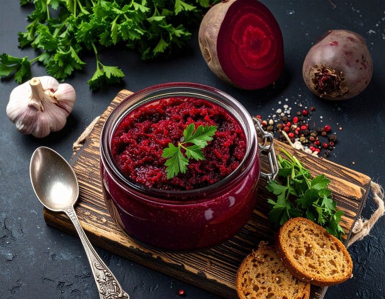 Rote-Bete-Brotaufstrich ist reich an Nährstoffen wie Vitaminen (z. B. Folsäure, B-Vitamine, Vitamin C) und Mineralstoffen (z. B. Eisen, Kalium, Magnesium). Dies kann die Blutbildung und die Herz-Kreislauf-Gesundheit unterstützen. Der hohe Nitratgehalt in Roter Bete kann den Blutdruck senken und die Durchblutung fördern. Die enthaltenen Antioxidantien, wie der Farbstoff Betanin, wirken zudem entzündungshemmend und schützen vor Zellschäden durch freie Radikale. Dank ihrer Ballaststoffe fördert Rote Bete auch die Leberfunktion und Verdauung.