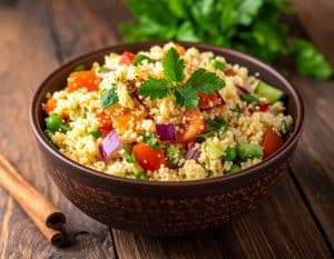 Zimt verleiht Couscous nicht nur einen würzigen Geschmack, sondern bietet auch gesundheitliche Vorteile. So fördert er beispielsweise eine gesunde Verdauung, regt den Appetit an und stabilisiert den Blutzuckerspiegel, was zu einem längeren Sättigungsgefühl beitragen kann. Je nach Kombination mit anderen Gewürzen wie Kreuzkümmel und Zimt oder Beeren und Nüssen kann er sowohl süßen als auch herzhaften Gerichten eine orientalische oder süße Note geben.