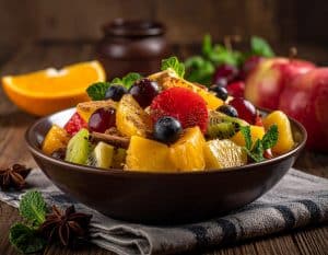 Zimt im Obstsalat hat viele Vorteile: Er wirkt sich positiv auf die Verdauung aus, reguliert den Blutzuckerspiegel und hat entzündungshemmende Eigenschaften. Zudem enthält Zimt Antioxidantien, stärkt das Immunsystem und kann die Herzgesundheit fördern. Zimt verleiht dem Salat zudem eine warme und würzige Note und kann für ein wohliges Gefühl sorgen.