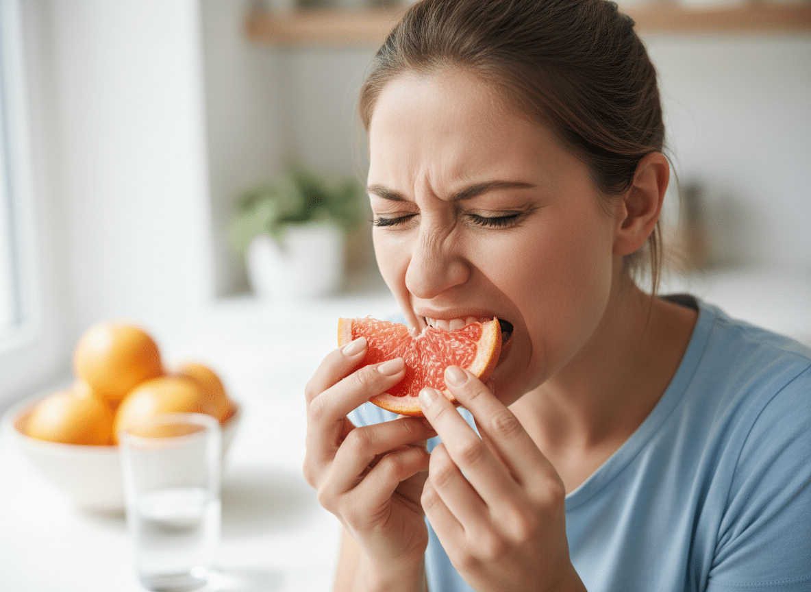 Bitterstoffe sind mehr als nur „Geschmack“. Die Grapefruit enthält das Flavonoid Naringin, das besonders in den weißen Häuten und der Schale vorkommt und extrem bitter schmeckt. Bitterkeit wird von den Geschmacksknospen auf der Zunge (TAS2R-Rezeptoren) erkannt und löst eine Abwehrreaktion aus, die dazu führt, dass man das Gesicht verzieht.