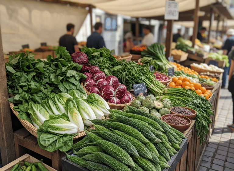 Eine reichhaltige Gemüseauslage auf einem Wochenmarkt. Im Vordergrund liegen typisch bittere Gemüsesorten wie längliche grüne Bittergurken, rote Radicchio-Köpfe, Artischocken und heller Chicorée.