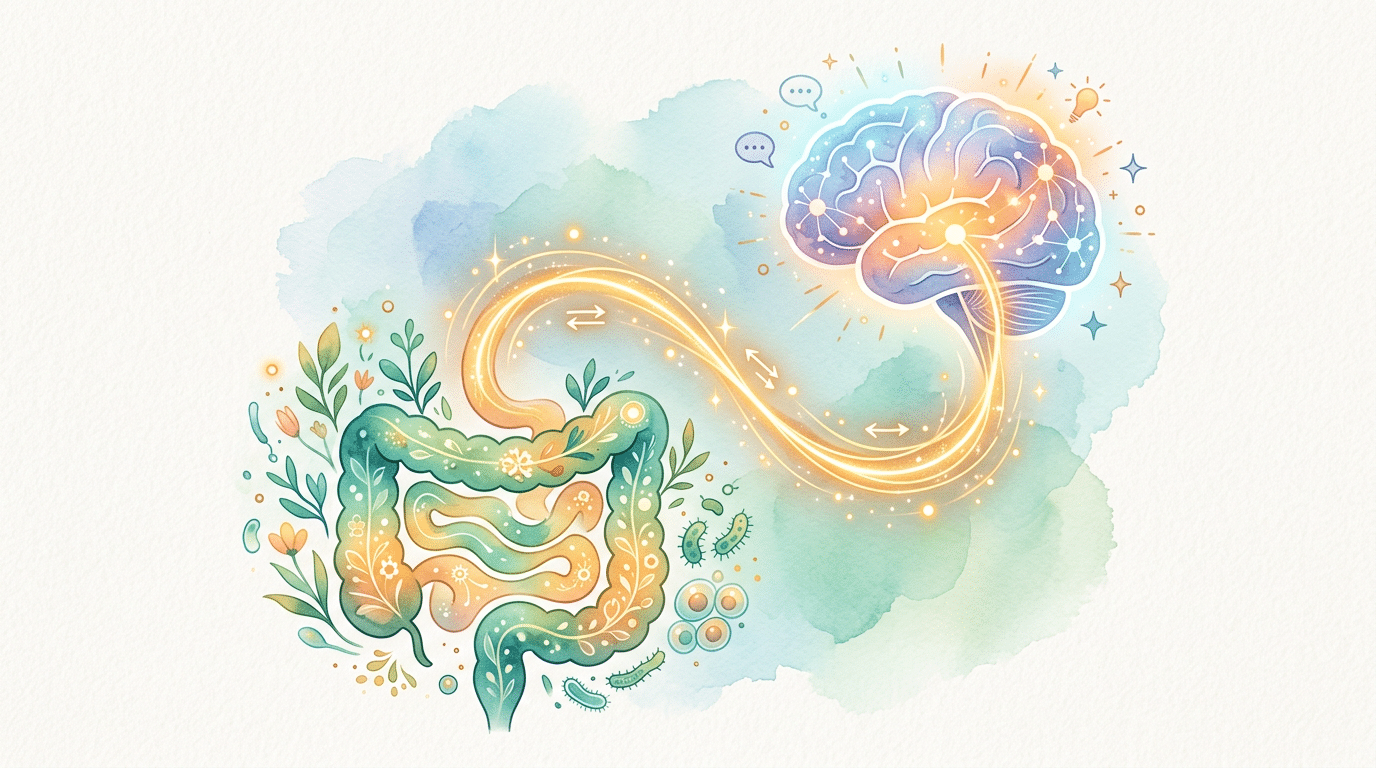 Visualisierung der Darm-Hirn-Achse: Eine leuchtende Nervenverbindung zwischen einem gesunden Darm und dem Gehirn verdeutlicht, wie wir über das Mikrobiom unser Wohlbefinden steigern.