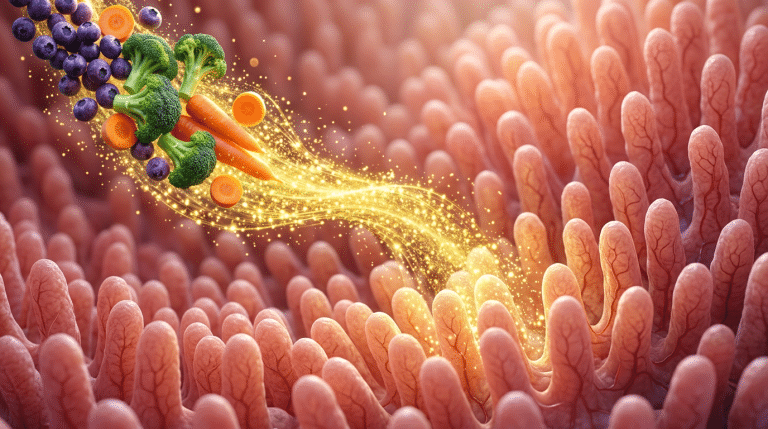 Pflanzliche Ernährung und Ballaststoffe für den Darm: Goldene Energiepartikel symbolisieren kurzkettige Fettsäuren (SCFAs), die das Mikrobiom stärken und die Darmbarriere schützen.