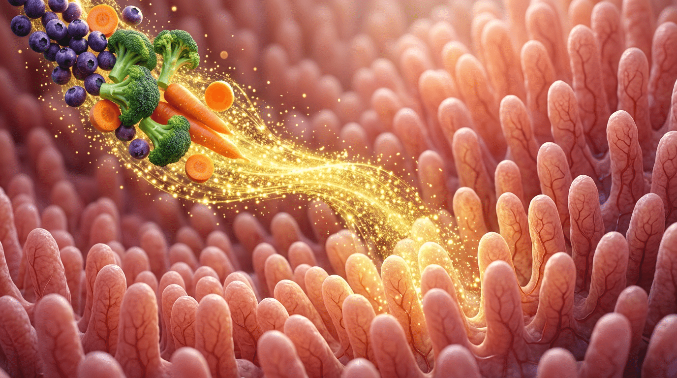 Pflanzliche Ernährung und Ballaststoffe für den Darm: Goldene Energiepartikel symbolisieren kurzkettige Fettsäuren (SCFAs), die das Mikrobiom stärken und die Darmbarriere schützen.