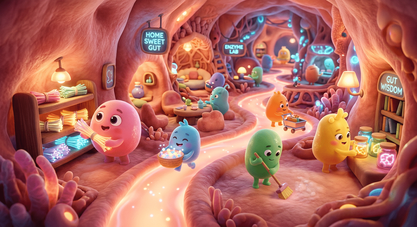 Illustration einer lebendigen Bauch-WG: Freundliche Bakterien-Charaktere in einem leuchtenden Ökosystem zeigen, wie eine gesunde Darmflora das Mikrobiom stärken kann.