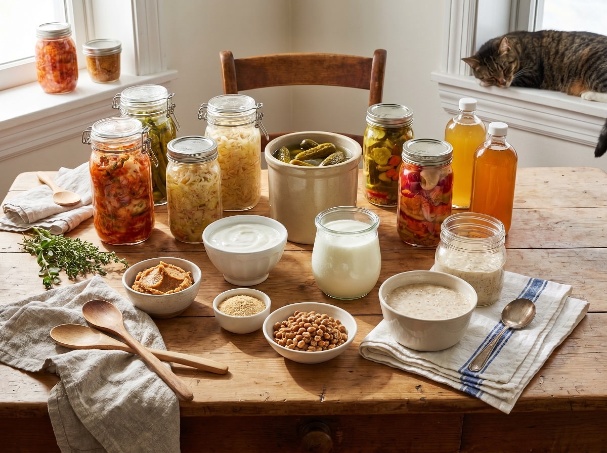 Zu den besten probiotischen Lebensmitteln zählen fermentierte Produkte, die lebende Milchsäurebakterien enthalten. Beispiele sind Naturjoghurt, Kefir, rohes Sauerkraut, Kimchi, Miso, Tempeh und Kombucha. Sie fördern eine gesunde Darmflora, stärken das Immunsystem und verbessern die Verdauung. Wichtig ist, auf unpasteurisierte, also rohe Produkte zu achten, da Hitze die Kulturen abtötet.