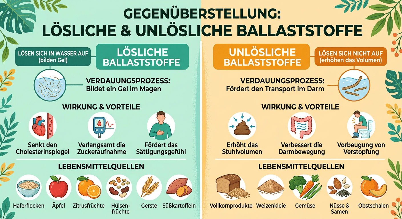 Ballaststoffe sind unverdauliche Pflanzenfasern, die für die Darmgesundheit und das Sättigungsgefühl von großer Bedeutung sind. Sie werden grob in zwei Hauptgruppen unterteilt. Wasserlösliche Ballaststoffe: Sie lösen sich im Darm auf und werden von den Darmbakterien als Nahrung (Präbiotika) fermentiert. Wasserunlösliche Ballaststoffe: Sie lösen sich nicht auf, quellen aber auf und dienen als „Schwamm” im Darm.