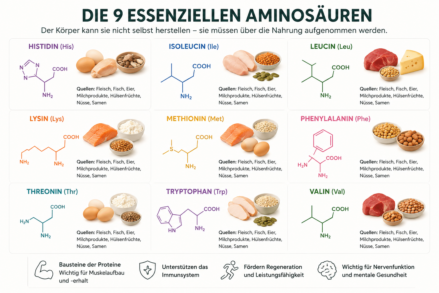 Infografik zu den 9 essenziellen Aminosäuren mit chemischer Strukturformel und Lebensmittelquellen.