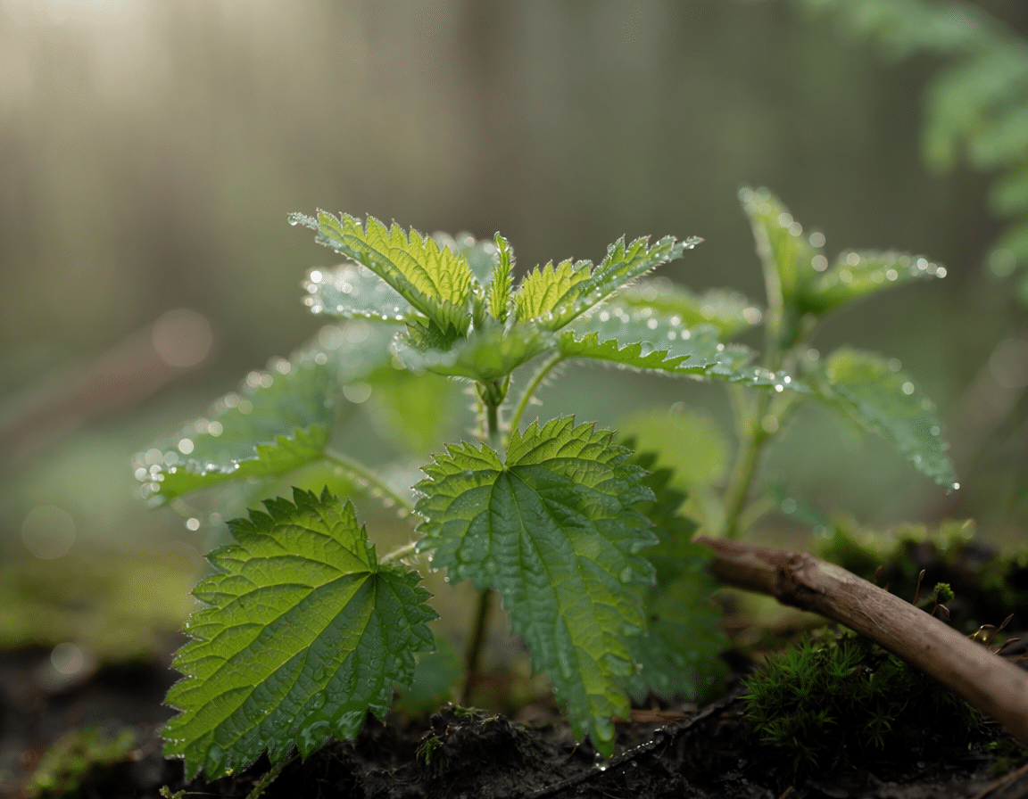 Junge Brennnessel auf moosigem Waldboden mit feinen Wassertropfen als Beispiel für heimische Pflanzenkunde.