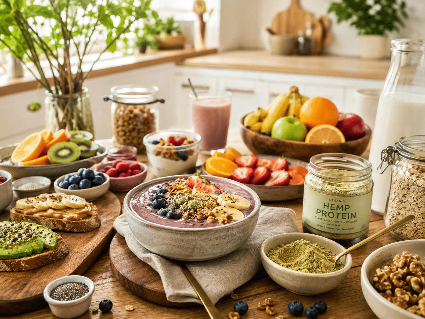 Gesundes Frühstück mit Smoothie Bowl, frischem Obst und Hanfprotein-Pulver in der Küche.