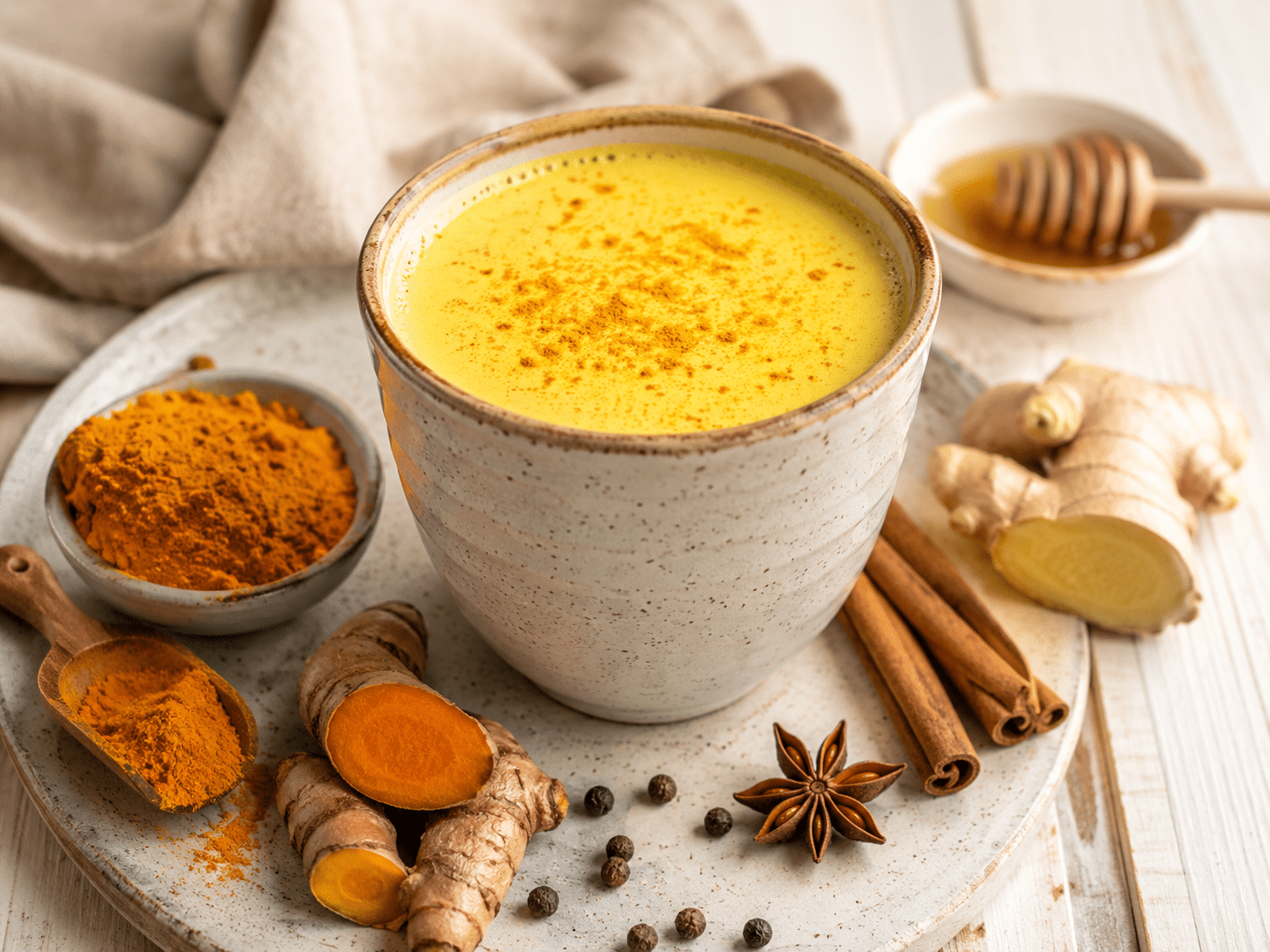 Goldene Milch in einer Tasse serviert mit frischem Kurkuma, Ingwer, Zimt und Pfefferkörnern.