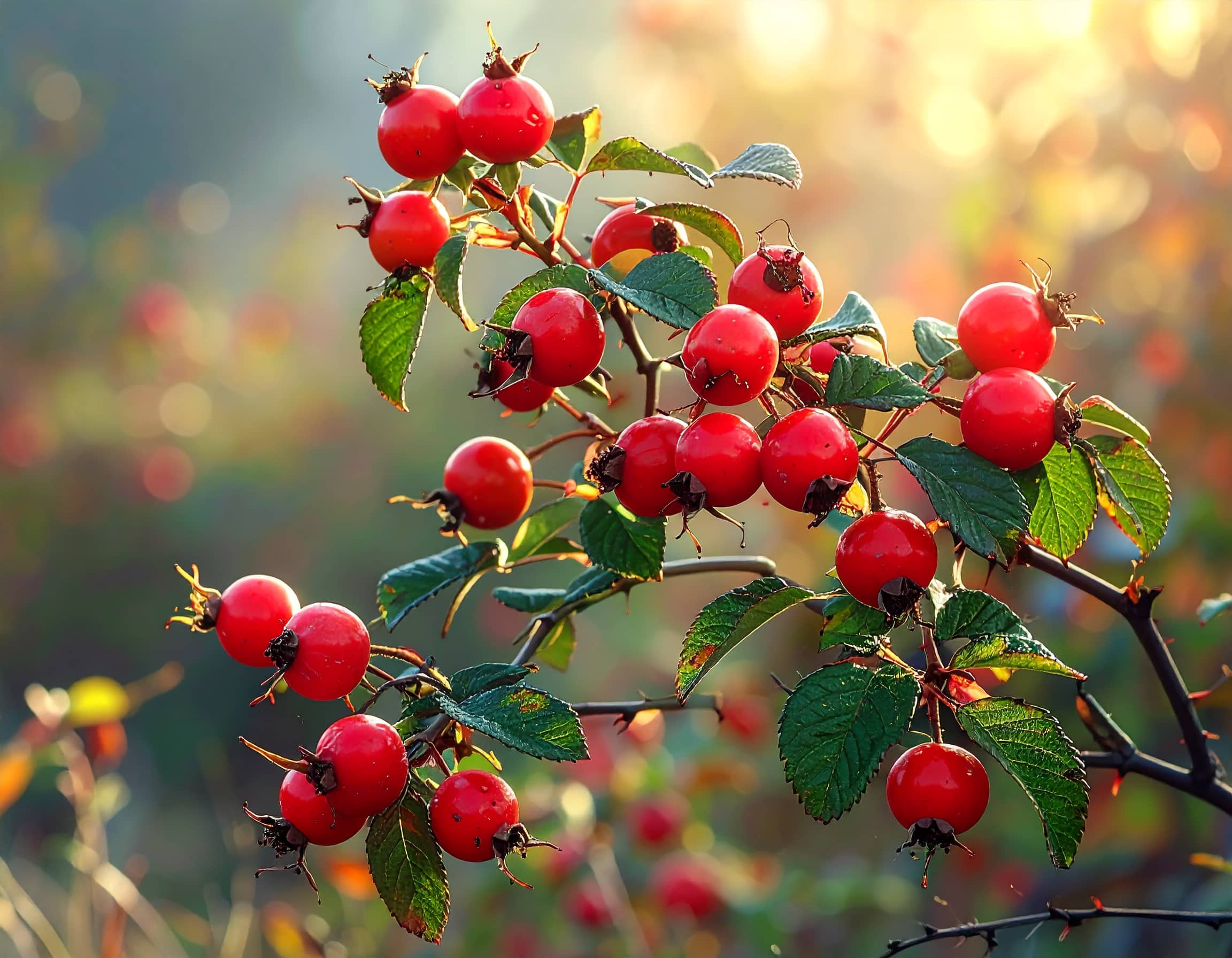 Reife, rote Hagebutten an einem Zweig im Sonnenlicht als reichhaltige Quelle für natürliches Vitamin C.