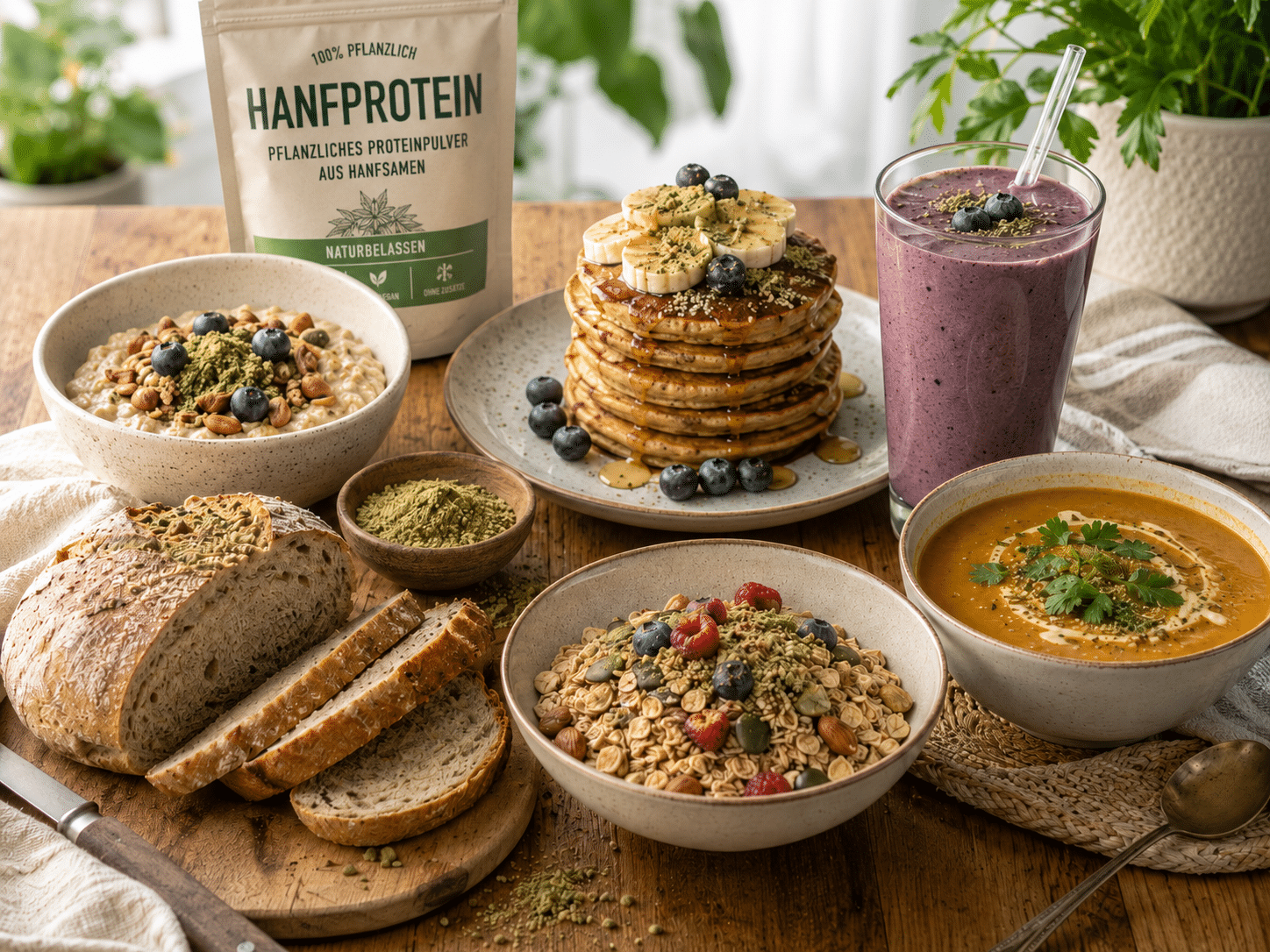 Vielseitige Verwendung von Hanfprotein-Pulver in verschiedenen Gerichten wie Pancakes, Smoothie, Müsli und Suppe.