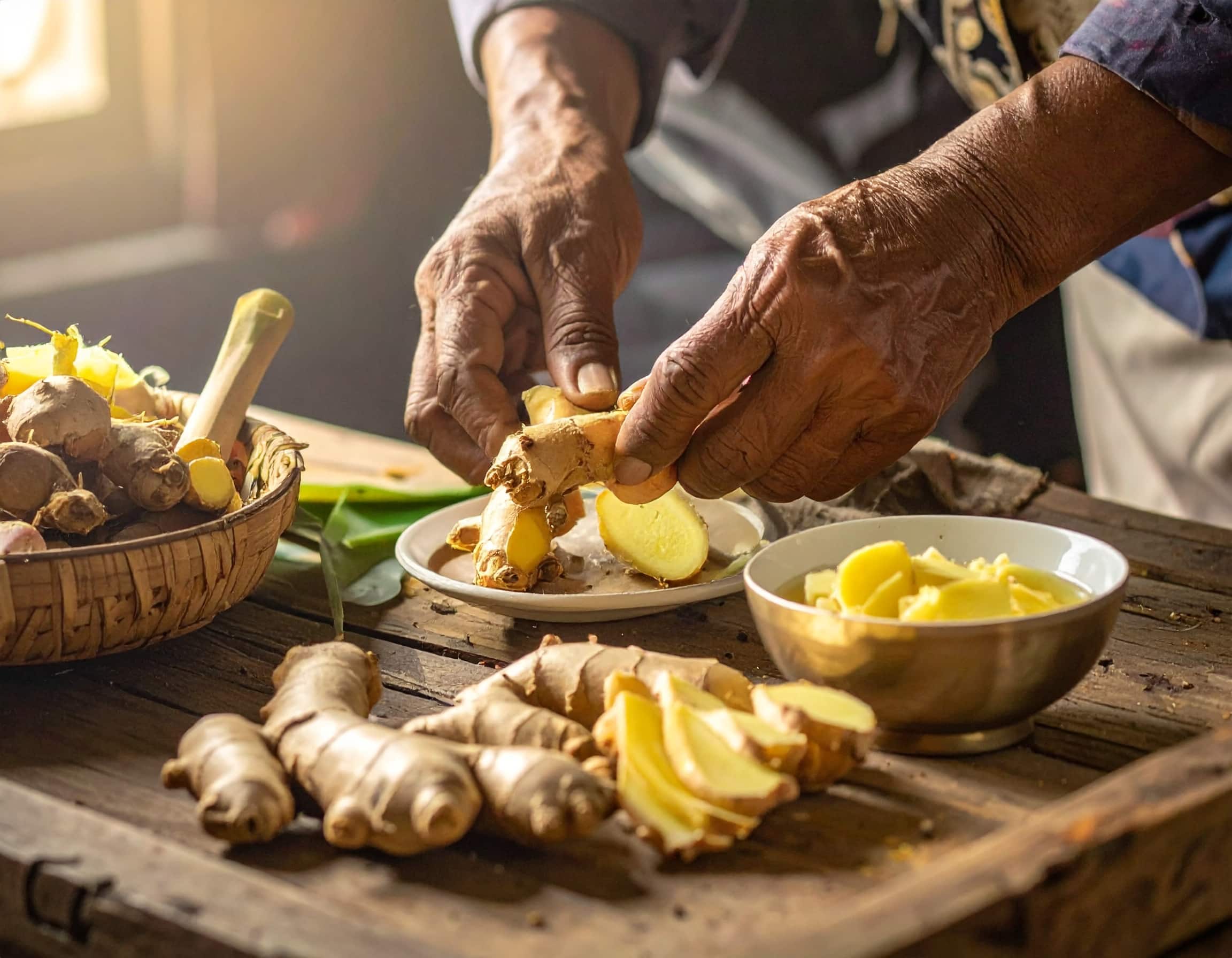 Traditionelle Zubereitung von frischem Ingwer: Hände schälen und schneiden Ingwer-Rhizome.