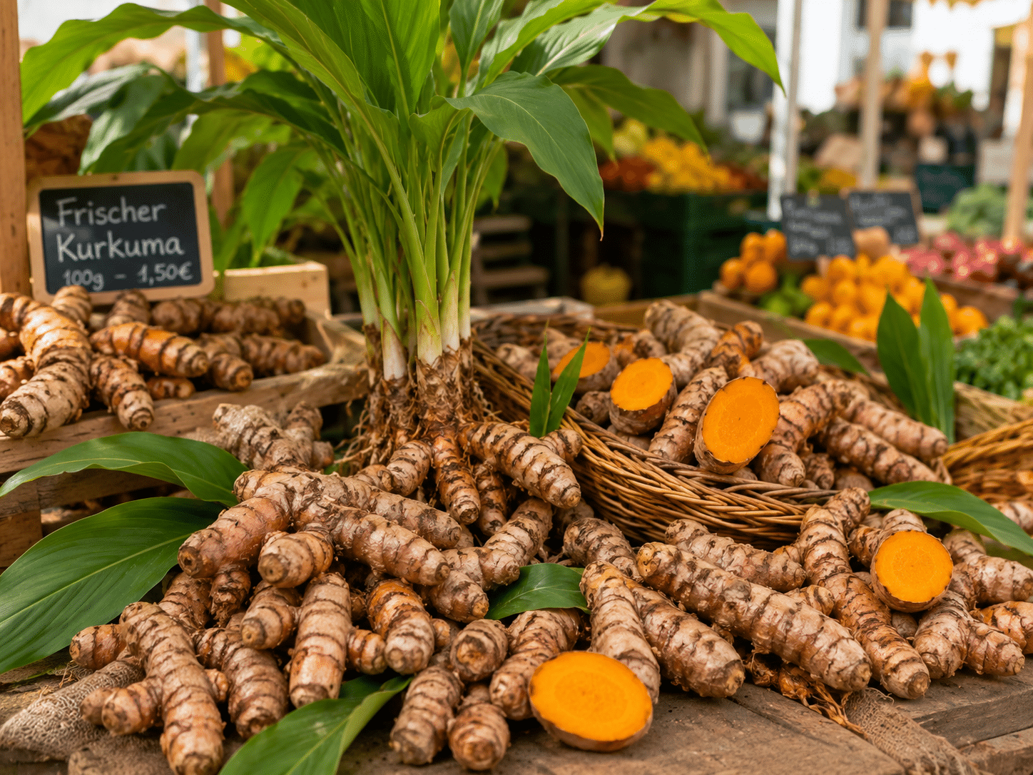 Frische Kurkuma-Rhizome und Kurkuma-Pflanze auf einem Marktstand.