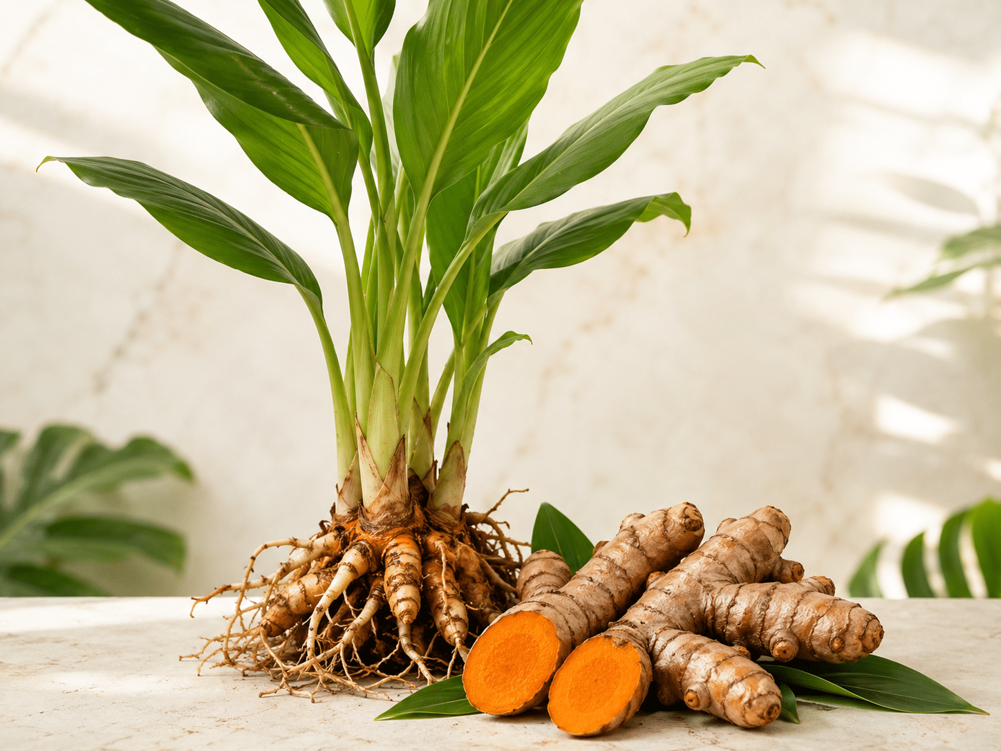 Kurkuma-Pflanze mit Blättern und frischen Kurkuma-Rhizomen mit orangefarbener Schnittfläche.