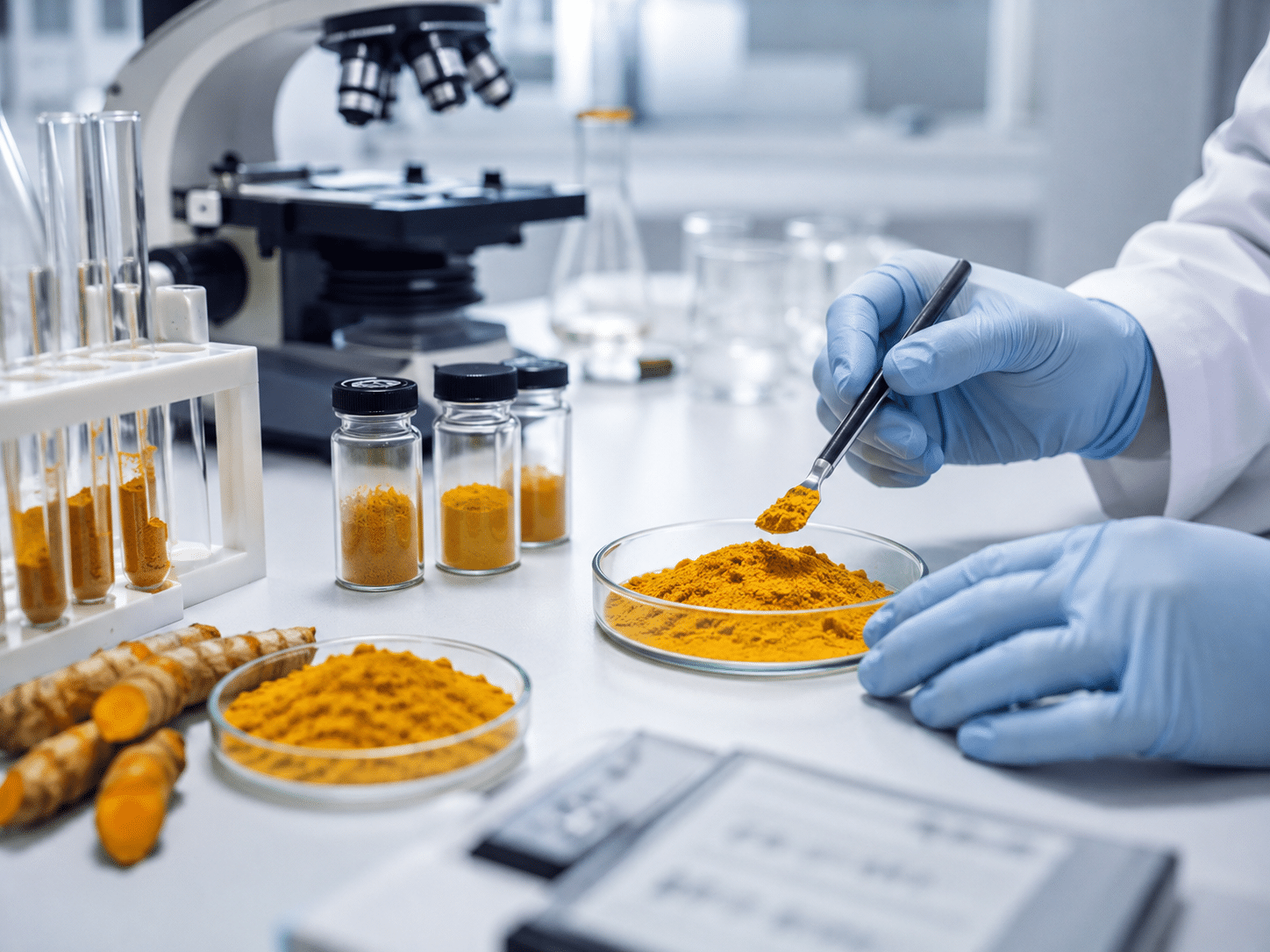 Laboranalyse von Kurkuma-Pulver und -Extrakten mit Mikroskop und Petrischale.