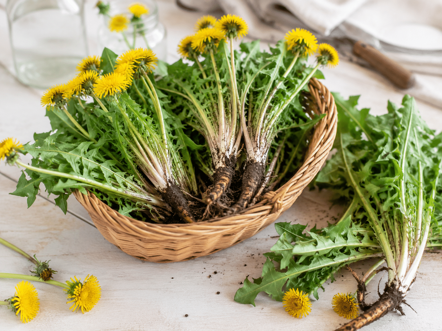 Frisch geernteter Löwenzahn mit gelben Blüten, grünen Blättern und Wurzeln in einem geflochtenen Weidenkorb.