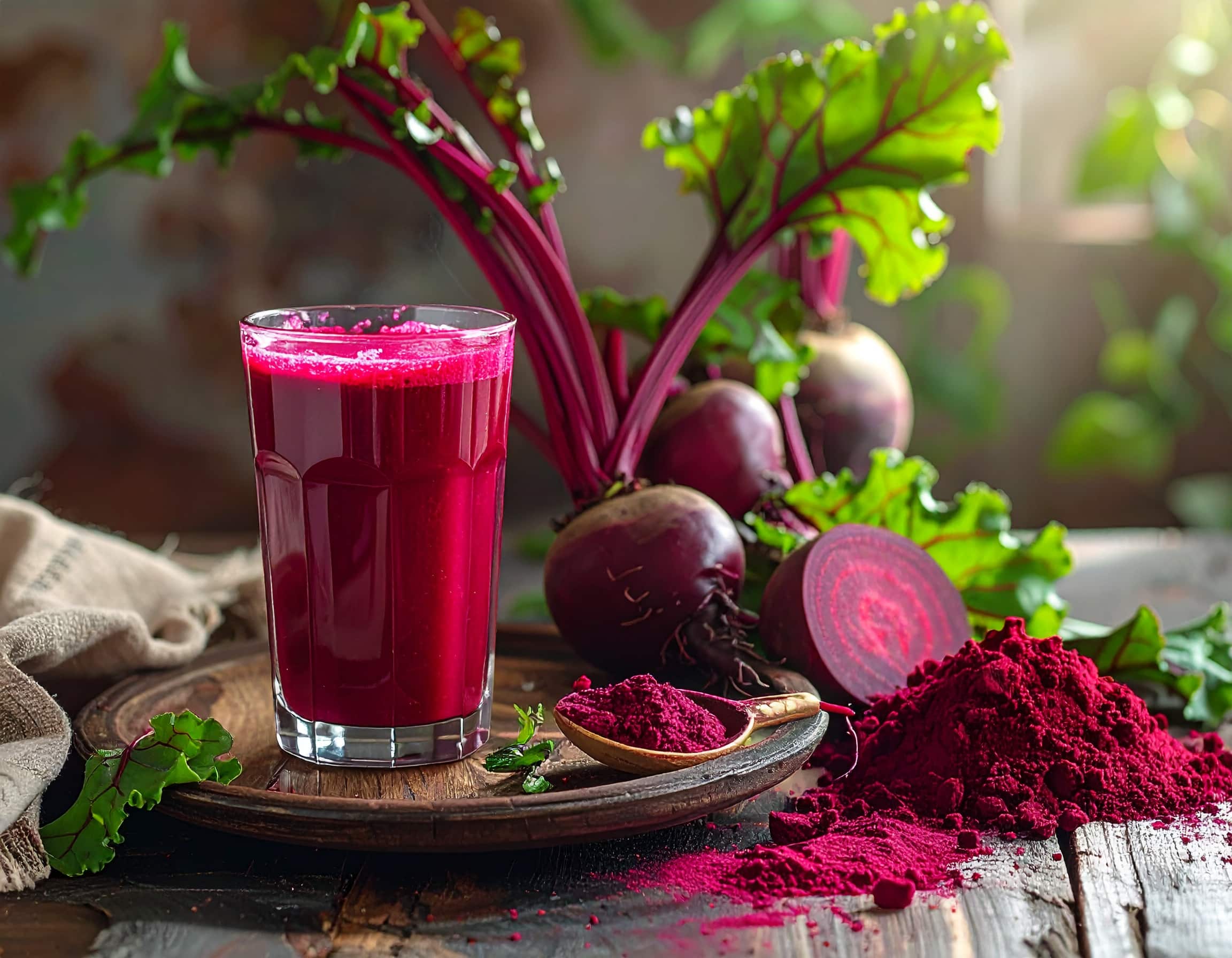 Ein Glas Rote Bete Saft neben feinem Rote Bete Pulver und frischen Knollen mit Blättern als Inspiration für funktionelle Pflanzennährstoffe.