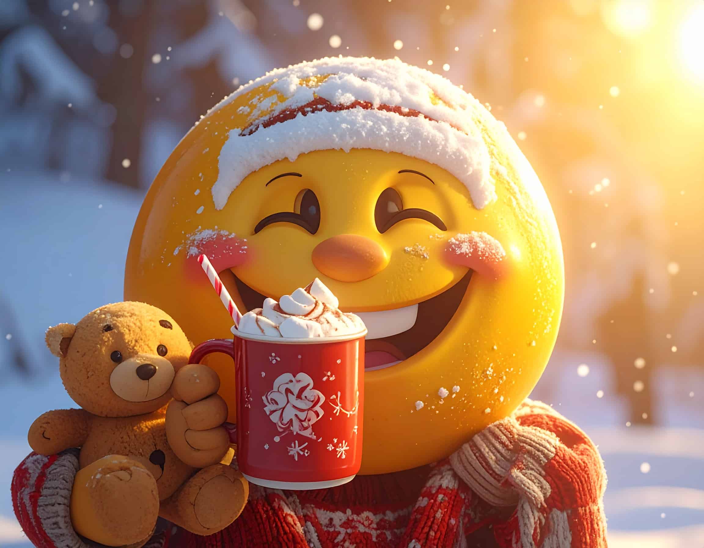 Glücklicher, gelber 3D-Emoji im roten Winterpullover mit einer Tasse heißem Kakao mit Sahne und einem kleinen Teddybären im Schnee.