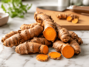 Frische Kurkuma-Rhizome mit orangefarbenen Schnittflächen auf einer hellem Marmoroberfläche.