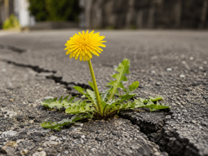 Blühender Löwenzahn wächst kraftvoll aus einem Riss im Asphalt.