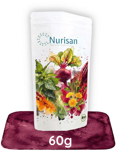 Nurisan 60g Testgröße und Reisegröße zum Kennenlernen. Ballaststoff- und proteinreiches Bio-Lebensmittelpulver aus 14 pflanzlichen Zutaten.