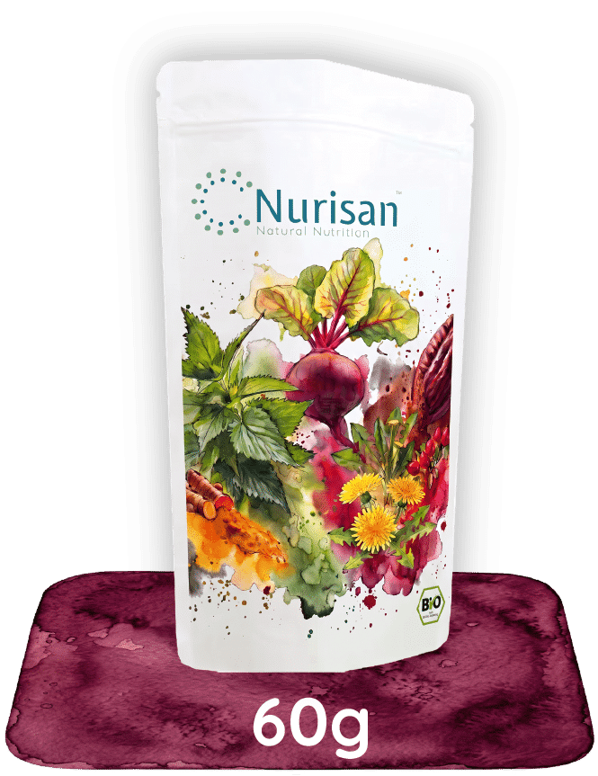 Nurisan 60g Testgröße und Reisegröße zum Kennenlernen. Ballaststoff- und proteinreiches Bio-Lebensmittelpulver aus 14 pflanzlichen Zutaten.